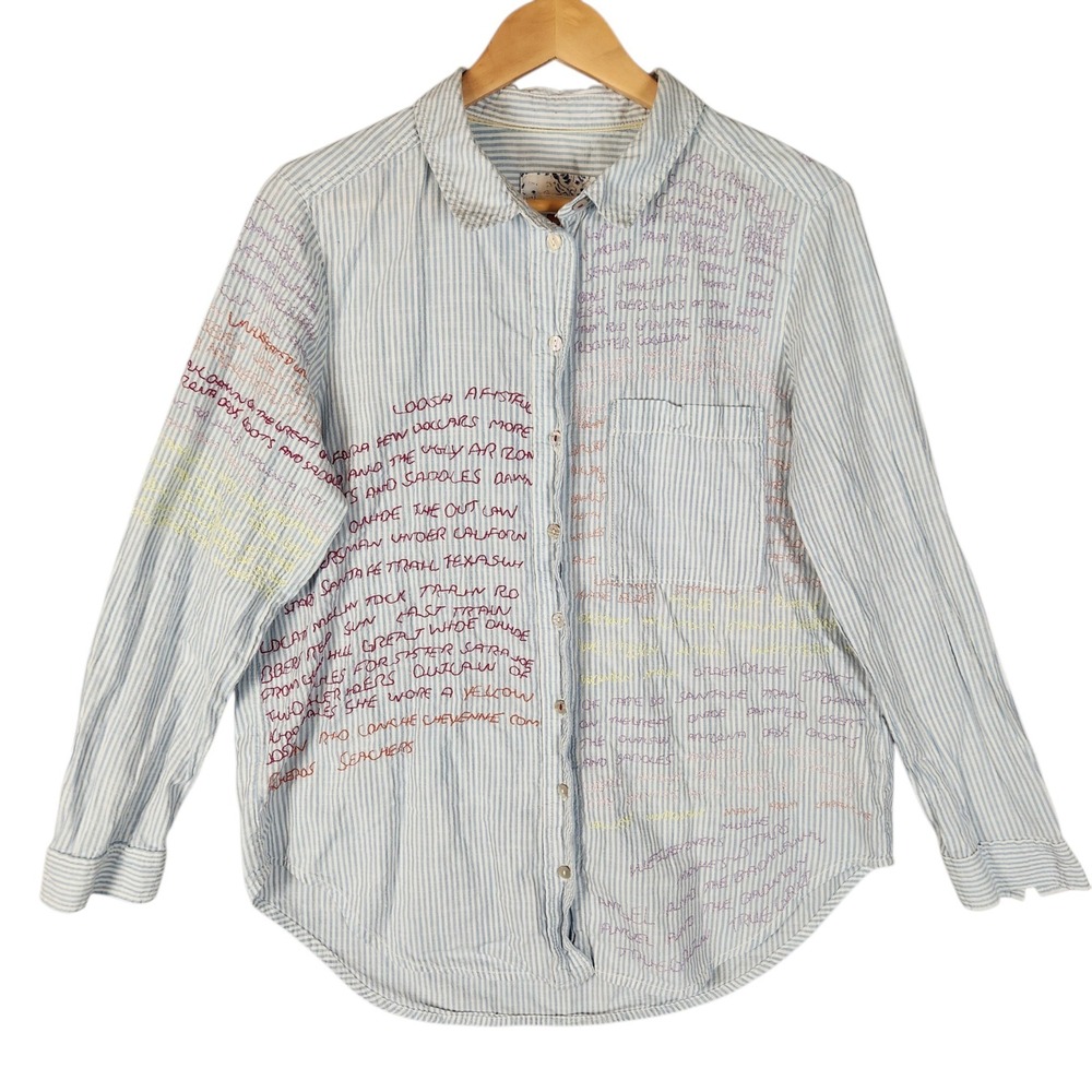 Pilcro Button Down Shirt Women's Large Blue Stripe Embroidered Cate Oxford Words